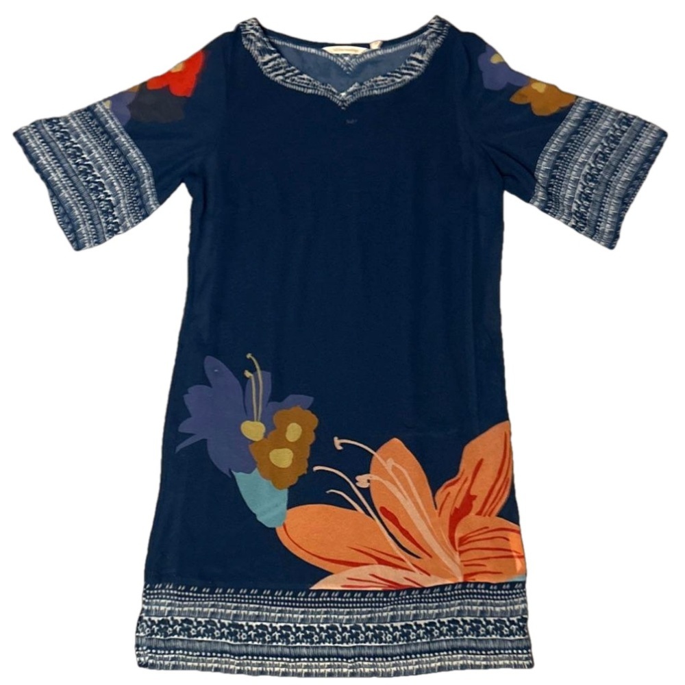Soft Surroundings Navy Floral Shift Dress with Orange & Purple Accents
